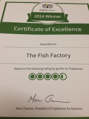 Certificate of Excellence Awarded to The Fish Factory, Worthing.